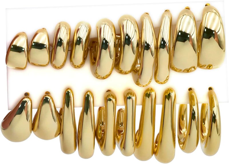 FOURPG 10 Pairs Hypoallergenic Chunky Gold Dangle Earrings for Women Trendy Thick Gold Plated Hoop Earrings Set Lightweight Jewelry - Image 1